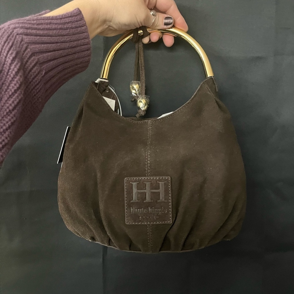NWT Haute Hippie Dark Brown Suede Shoulder Bag with Gold Handle - Picture 2 of 13